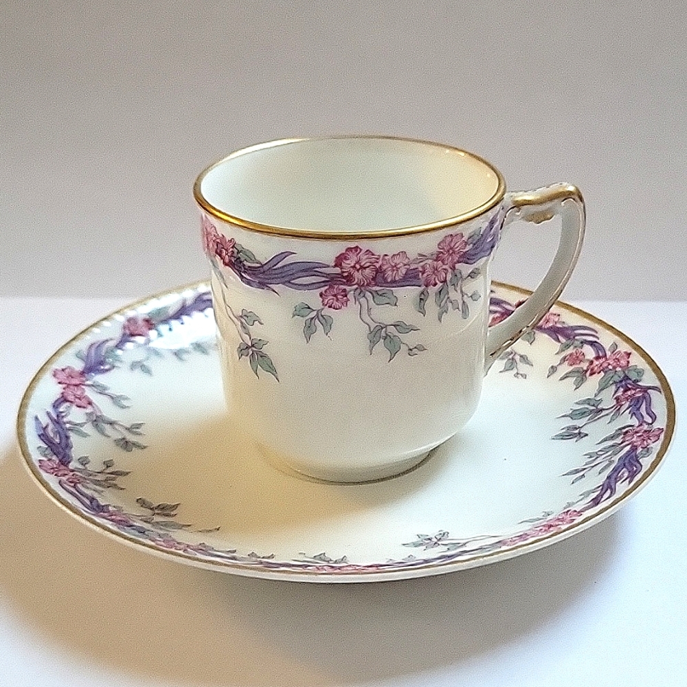 Frank Haviland Limoges, France, Tea cup + saucer, Pink Flowers.